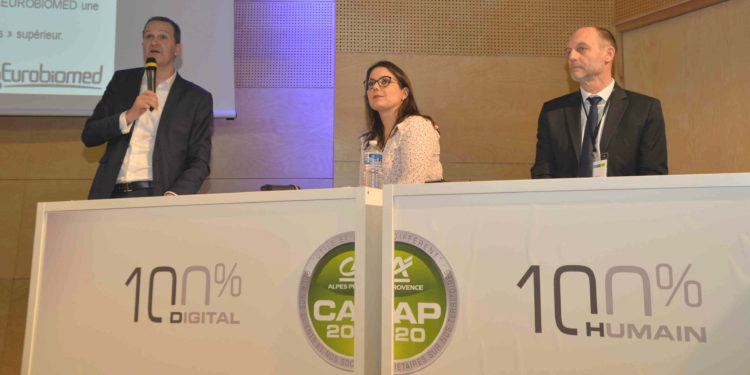 De gauche à droite : Damien Ailleret du Crédit Agricole, Emilie Royère, et Xavier Tabary, respectivement directrice générale et président d'Eurobiomed (Photo Jean Yves Delattre/Gomet').