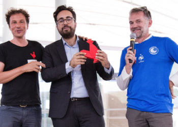 Olivier Mathiot à droite avec Mounir Majhoubi, secrétaire d'Etat au numérique et Pascal Lorne le président d'AMFT (Photo NK).