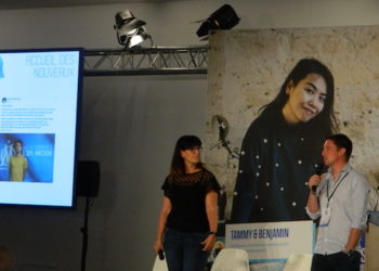 Frédérique Alverola et Frédéric Cozic de l'Olympique de Marseille sur la scène du Boost numérique Facebook