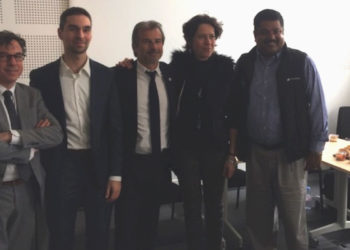 De gauche à droite : Philippe Stefanini, DG de Provence Promotion, Maximilian Bock, P-dg de Netwookie, Jean-Luc Chauvin, président de la CCI, Béatrice Aliphat, Vice-présidente de Provence Promotion et JK Pillai, P-dg de Bovlabs (Crédit RM)