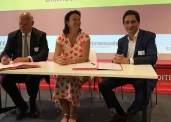 Hugues Parant, DG d'Euroméditerranée, Laure-Agnès Caradec, présidente d'Euroméditerranée et Patrice Richard, Président de Saint-Gobain Distribution Bâtiment France