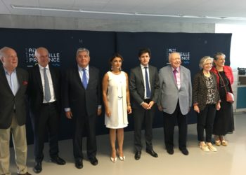 Le ministre du logement, Julien Denormandie, aux côtés de Martine Vassal, présidente de la Métropole, Jean-Claude Gaudin, le maire de Marseille et Hugues Parant, DG d'Euroméditerranée lors de la signature du PPA en juillet dernier