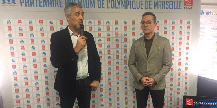 Joël Chassard, le président de la Caisse d'Epargne Cepac avec Jacques-Henri Eyraud, le président de l'OM en décembre 2019 (Crédit : Gomet').