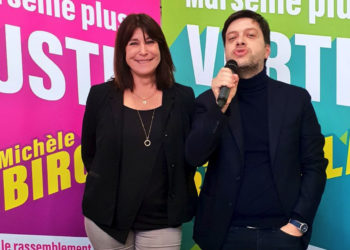 Michèle Rubirola et Benoît Payan lors de la présentation de leurs mesures pour les écoles marseillaises (Crédit @PrintempsMRS)