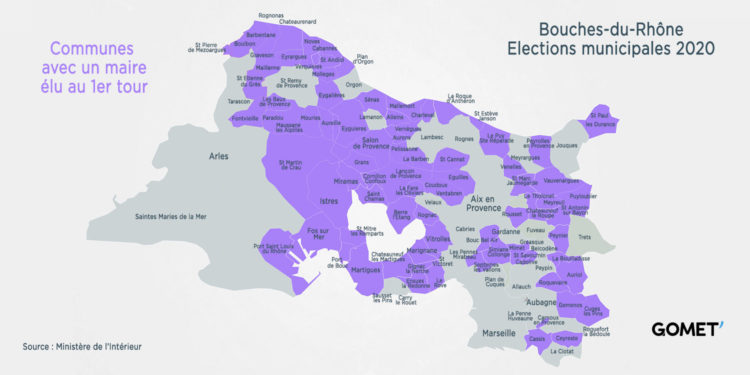 La carte avec les villes où les maires sont élus au 1er tour des municipales 2020 (Crédit JYD/Gomet').