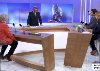 Le plateau de France 3 avec les trois candidats au second tour des municipales à Aix (Capture Youtube)