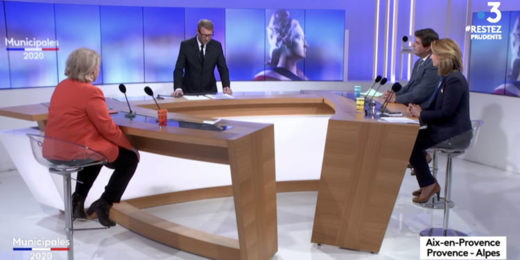 Le plateau de France 3 avec les trois candidats au second tour des municipales à Aix (Capture Youtube)