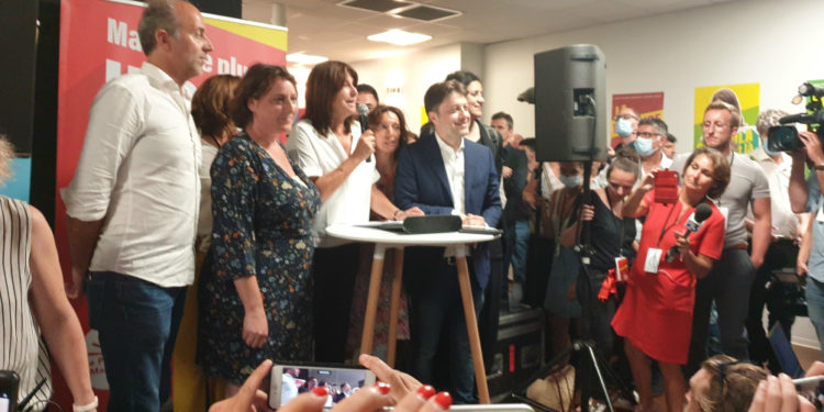 Michèle Rubirola et les leaders du Printemps Marseillais au QG de campagne dimanche 28 juin au soir (Crédit @JYDelattre)