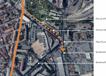 En pointillé, le tracé de la bretelle Schloesing (Crédit : Tamgram-STMPC)