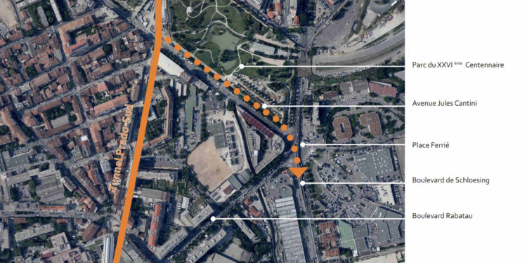 En pointillé, le tracé de la bretelle Schloesing (Crédit : Tamgram-STMPC)