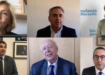 Les leaders nationaux de la droite et Jean-Claude Gaudin dans l'e-meeting de Martine Vassal mercredi 24 juin 2020. (Crédit : @MVPourMarseille)