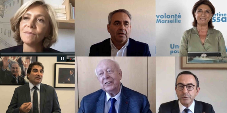 Les leaders nationaux de la droite et Jean-Claude Gaudin dans l'e-meeting de Martine Vassal mercredi 24 juin 2020. (Crédit : @MVPourMarseille)