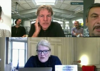 Winy Maas au centre avec les adjoints à la mairie de Marseille, Mathilde Chaboche et Jean-Marc Coppola, et Hedwig Figen, la directrice de Manifesta (au centre en bas). Crédit : captures Manifesta. Montage Gomet'