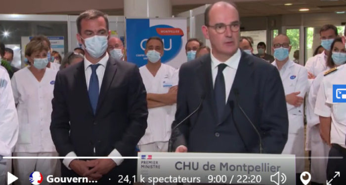Olivier Véran et Jean Castex en déplacement au CHU de Montpellier, ( crédit : Capture d'écran @gouvernementFR)