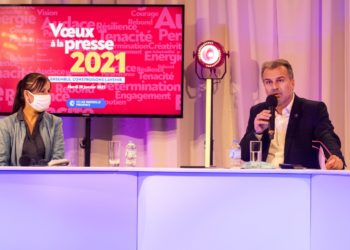Jean-Luc Chauvin et Karine Guillem mardi 19 janvier 2021 lors des voeux à la presse du président de la CCI métropolitaine Aix Marseille Provence (Crédit : Claude Almodovar)