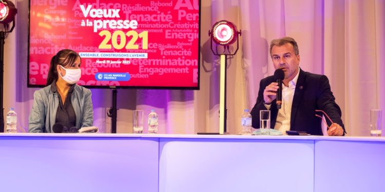Jean-Luc Chauvin et Karine Guillem mardi 19 janvier 2021 lors des voeux à la presse du président de la CCI métropolitaine Aix Marseille Provence (Crédit : Claude Almodovar)