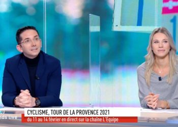 Pierre-Maurice Courtade et Marion Rousse sur le plateau de la chaîne L'Equipe.