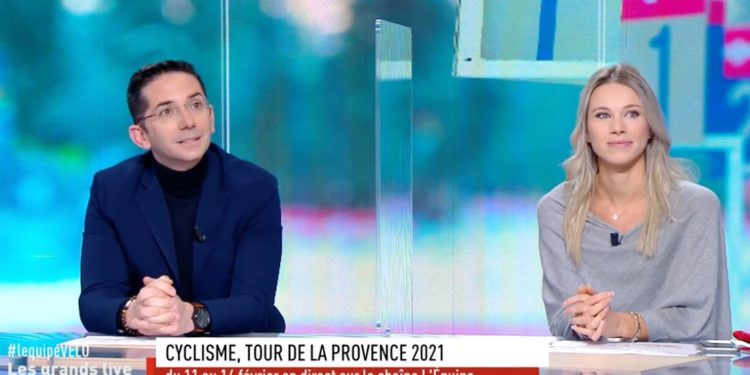 Pierre-Maurice Courtade et Marion Rousse sur le plateau de la chaîne L'Equipe.