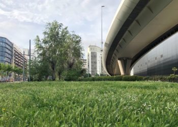 Un point de verdure entre viaduc et building dans le quartier d'Euroméditerranée (Crédit Gomet'/JFE).