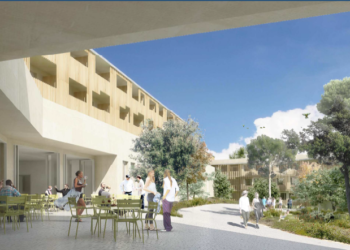 Vue de la terrasse du restaurant du Babel Community à Aix-en-Provence (Crédit Battesti & associés)