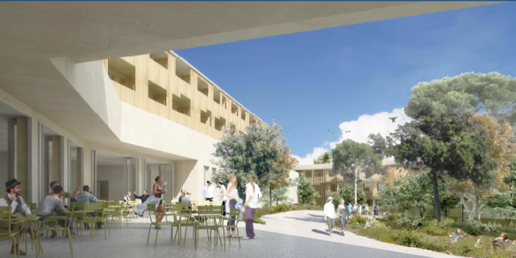 Vue de la terrasse du restaurant du Babel Community à Aix-en-Provence (Crédit Battesti & associés)