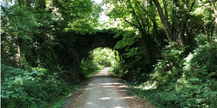 Une ancienne voie ferrée transformée en chemin de promenade piétonne et cycliste en Ardèche (Crédit Gomet'/JFE).