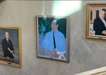 Le portrait de Henri Mercier (au centre) au Palais de la Bourse. Une peinture de François Bret.