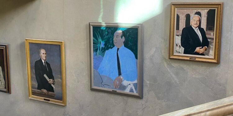 Le portrait de Henri Mercier (au centre) au Palais de la Bourse. Une peinture de François Bret.