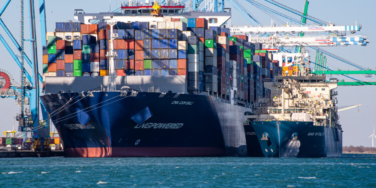 Le Gas Vitality (Total) avitaille le porte-conteneurs CMA CGM Bali dans le bassin d'Eurofos, vendredi 21 janvier (Crédit : JYD/Gomet')