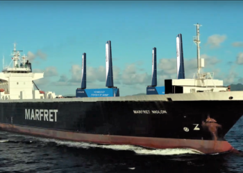 Marfret test les voiles en aluminium comme moyen de propulsion propre sur son navire "Le Niolon" (Crédit Marfret)