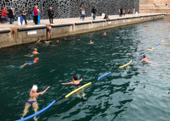 Les Libres nageurs dans le bassin du Mucem samedi 19 mars (Crédit :Gomet'/JFE)