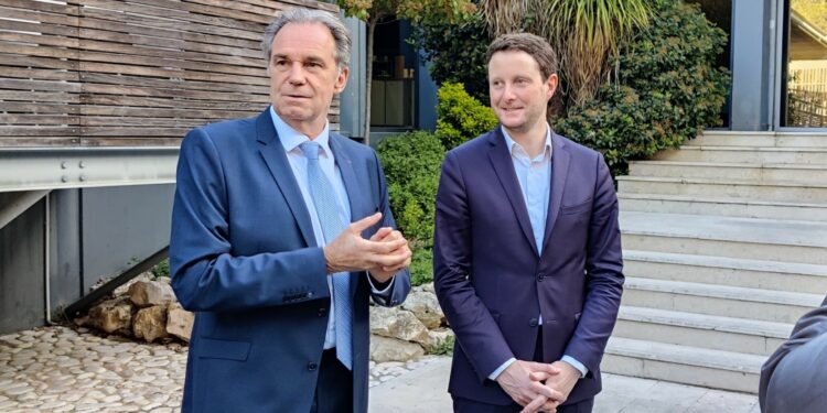 Renaud Muselier et Clément Beaune jeudi 14 avril à Luminy (Crédit Gomet'/RL)