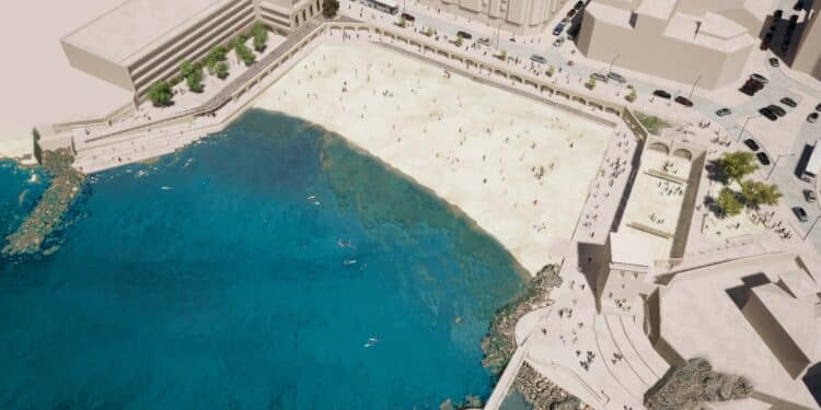 Projection de la plage des Catalans en 2025. Les terrains de beach volley seront réaménagés au sud (à droite), en contrebas de la butte. (crédit : Yann Pluskwa)