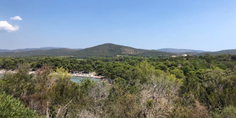 A l'arrière-plan le massif, les collines du Massif des Maures, à droite le Château Brégançon et à gauche la plage de l'Estagnol. (Crédit Gomet'/JFE)