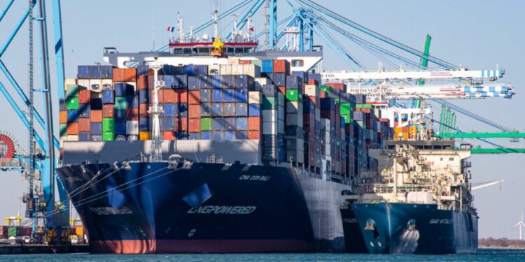 Le Gas Vitality (Total) avitaille le porte-conteneurs CMA CGM Bali dans le bassin d'Eurofos, vendredi 21 janvier (Crédit : JYD/Gomet')