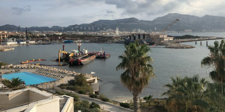 Le bassin de la Marina Olympique en travaux le 31 octobre 2022 (Crédit Gomet'/JFE)