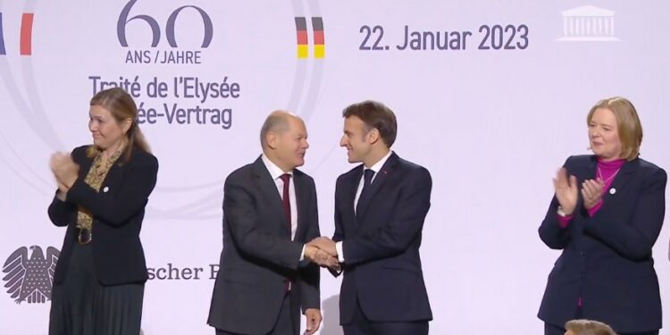 Olaf Scholz et Emmanuel Macron dimanche 22 janvier pour le 60e anniversaire du traité de l'Elysée (Crédit capture d'écran Elysée)