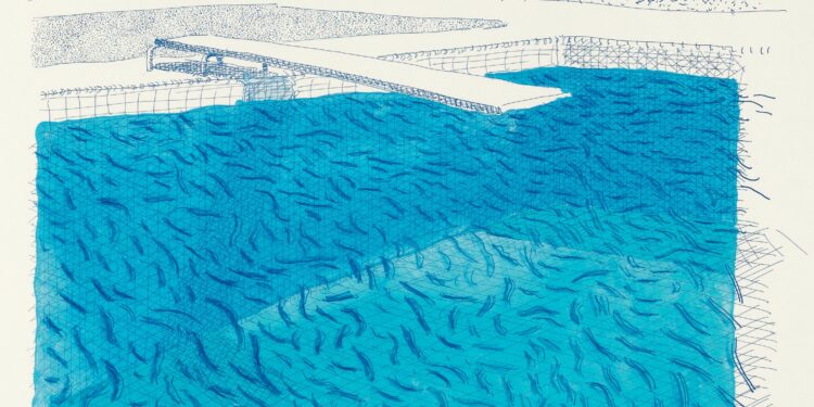 David Hockney "Lithographic Water Made of Lines, Crayon and Two Blue Washes Without Green Wash" 1980 Lithograph in 6 colors A.P. I 29 3/4 x 34 1/2" © David Hockney / Tyler Graphics Ltd. Collection The David Hockney Foundation