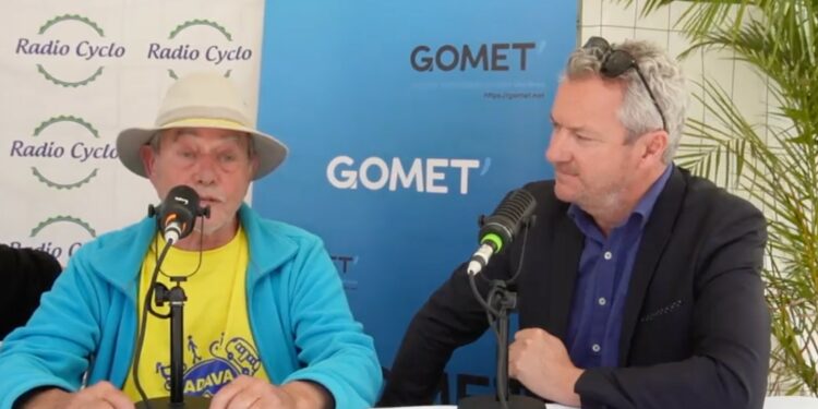 Olivier Domenach (Adava) et Jean-François Eyraud (Gomet' media) sur le plateau Radio Cyclo - Gomet' à la Fête du vélo à Aix le 14 mai 2023 (Crédit Radio Cyclo)