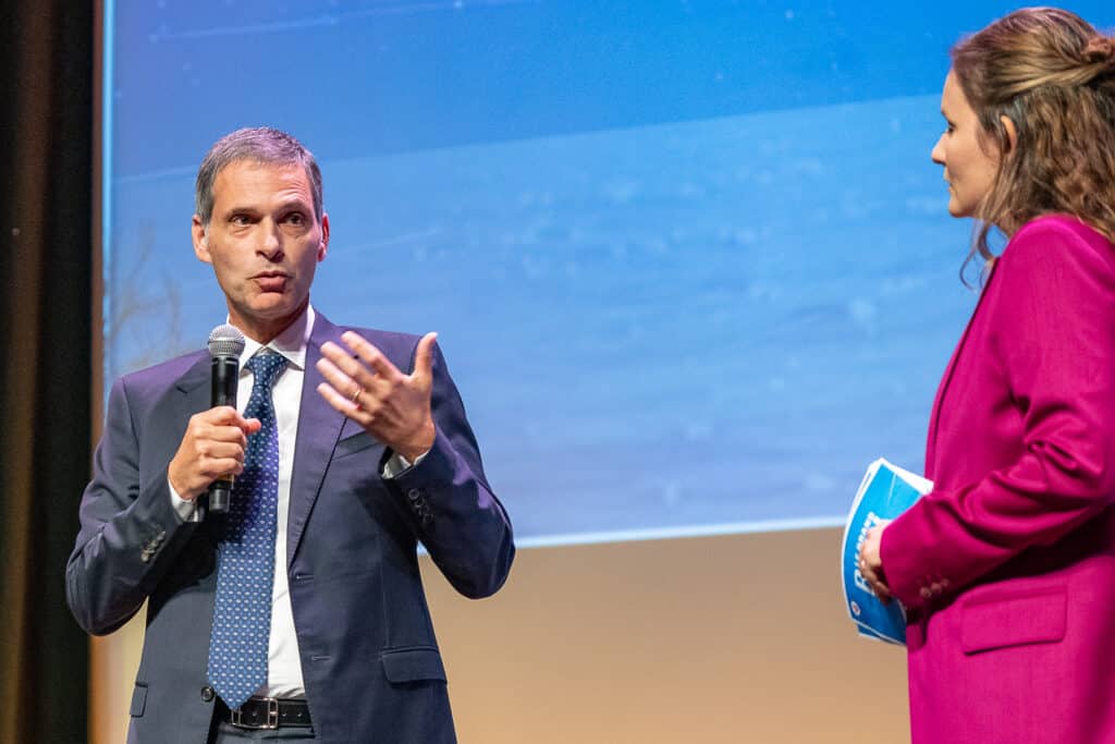 Rodolphe Saadé, le PDG de CMA CGM lors du Grand bain de la French tech le 13 septembre 2023 (Crédit Gomet'/JYD)