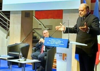 Eric Dupond-Moretti de passage au siège de la Région Sud à Marseille en mars 2023 (crédit : JRG / Gomet')