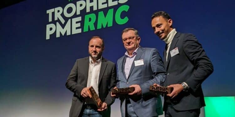 Les PDG des trois entreprises sudistes lauréates des Trophées PME RMC : Arthur Leroux (Enogia), Jean-François AUfort (Fil Rouge) et Talel Hakimi (Livmed's) (crédit : DR/ Enogia via Linkedin)