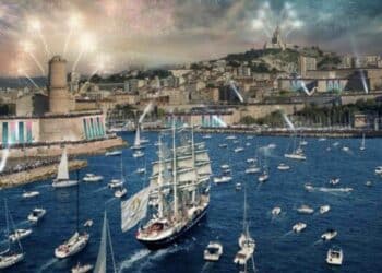 Représentation de l'arrivée de la flamme olympique à Marseille (crédit : DR)