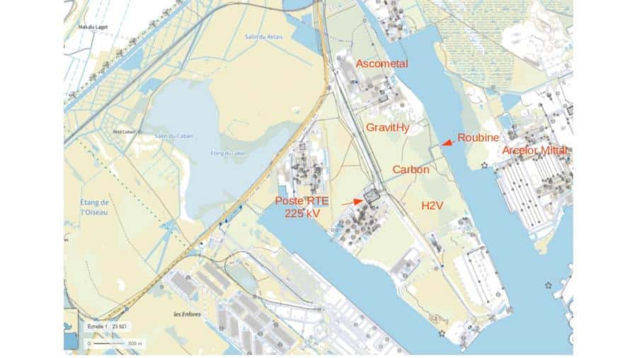 L'emplacement des différents projets dans la zone du Caban-Tonkin à Fos-sur-Mer, dont GravitHy (crédit : commission nationale du débat public)