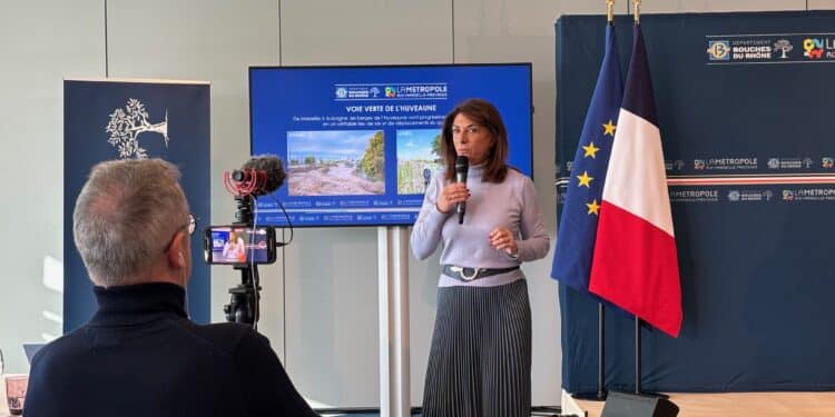 Martine Vassal, la présidente de la Métropole Aix-Marseille Provence et du Département des Bouches-duRhône, lors de ses voeux à la presse lundi 8 janvier 2024 (Crédit Gomet'/JFE)