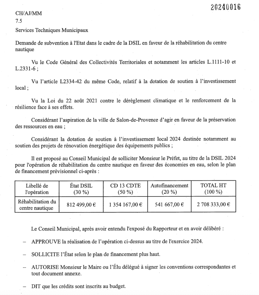 Délibération concernant la rénovation du centre nautique municipal de Salon-de-Provence