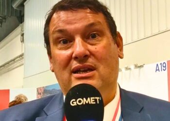 Le président du directoire du Port, Hervé Martel, interviewé par Gomet' à l'occasion du forum Euromaritime, mercredi 31 janvier 2024 (crédit : JRG / Gomet')