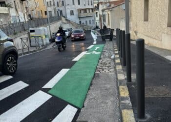 Le haut de la piste cyclable de la rue Charras dans le 7e arrondissement (crédit Gomet')
