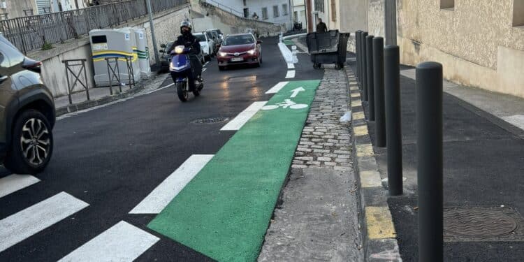 Le haut de la piste cyclable de la rue Charras dans le 7e arrondissement (crédit Gomet')