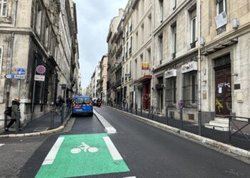 La piste cyclable de la rue Breteuil, régulièrement occupée par des véhicules de livraisons ou d'intervention (crédit Gomet')
